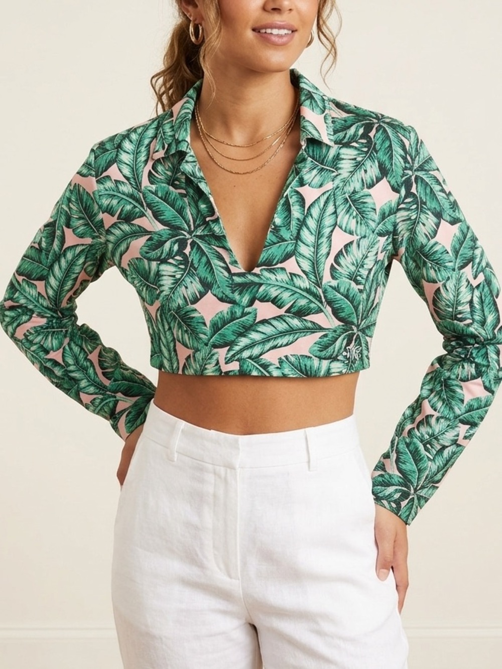 Kenny Flowers Pink Tropical Leaf Cropped Top